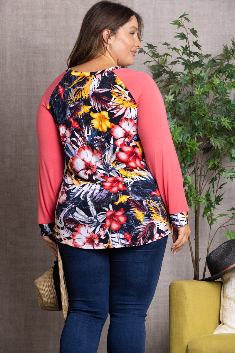 CONTRAST FLORAL PRINT PLUS SIZE TOP-CT43646F