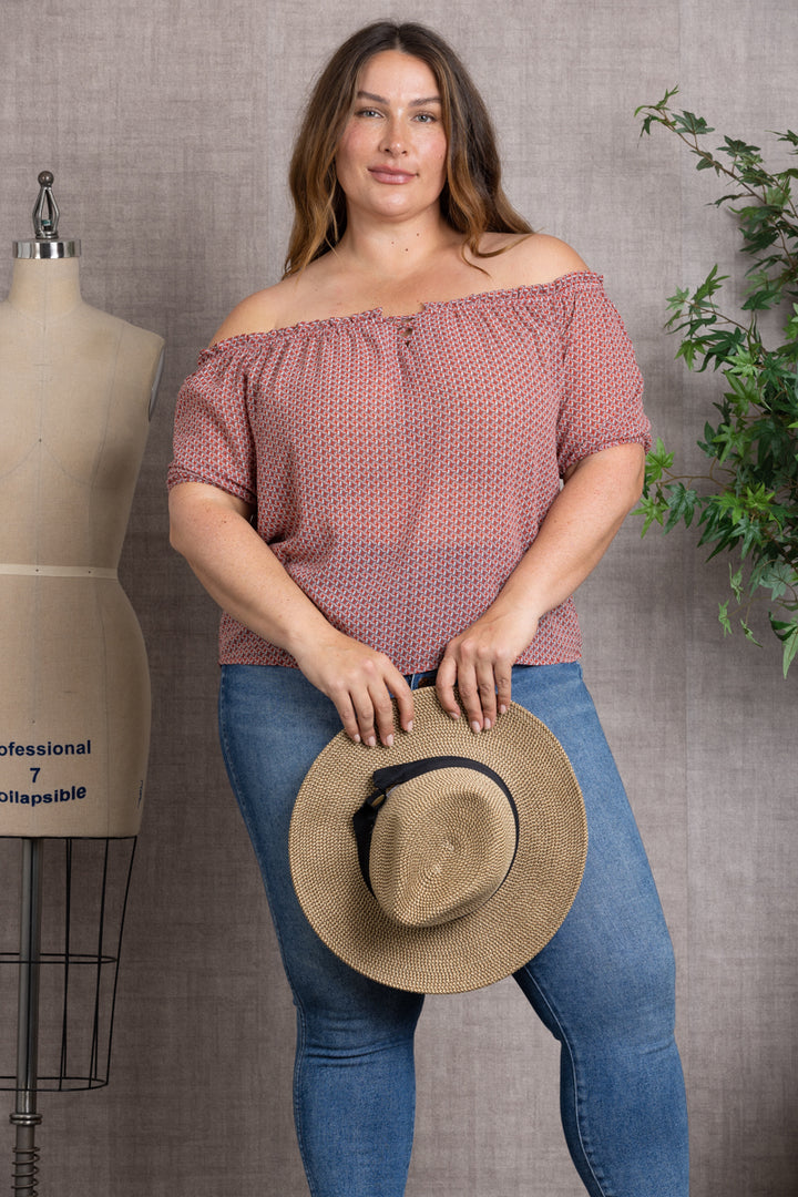 PRINTED DETAILED ELASTIC OFF-SHOULDER PLUS SIZE TOP