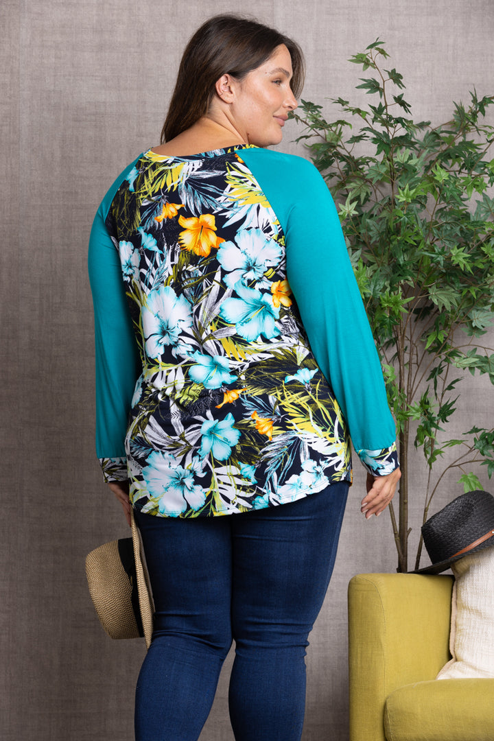 CONTRAST FLORAL PRINT PLUS SIZE TOP-CT43646F