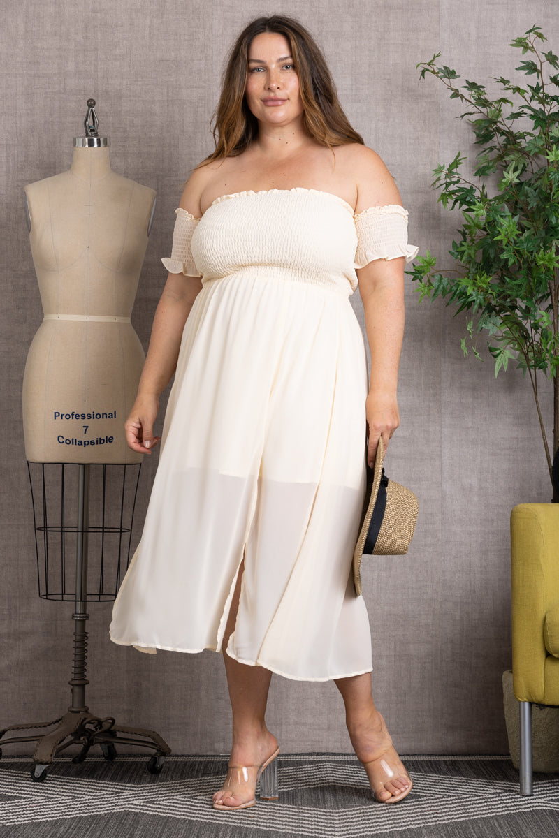 BANDEAU OFF-SHOULDER CHIFFON PLUS SIZE MIDI DRESS-D4563SX