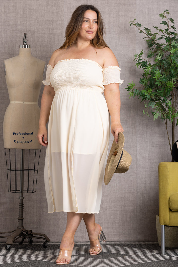 BANDEAU OFF-SHOULDER CHIFFON PLUS SIZE MIDI DRESS-D4563SX