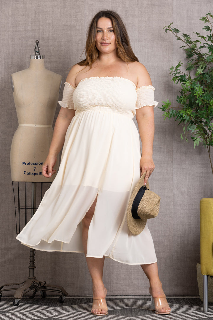 BANDEAU OFF-SHOULDER CHIFFON PLUS SIZE MIDI DRESS-D4563SX