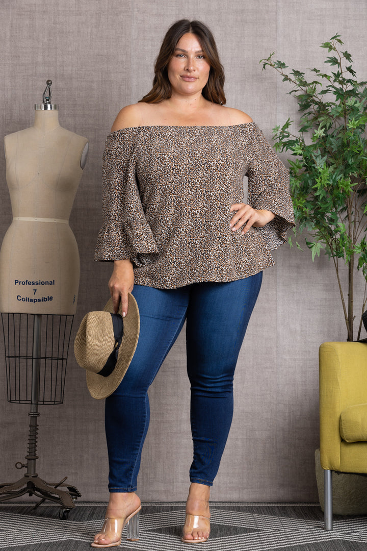 BROWN ANIMAL PRINT OFF THE SHOULDER FLARED SLEEVE PLUS SIZE TOP T806