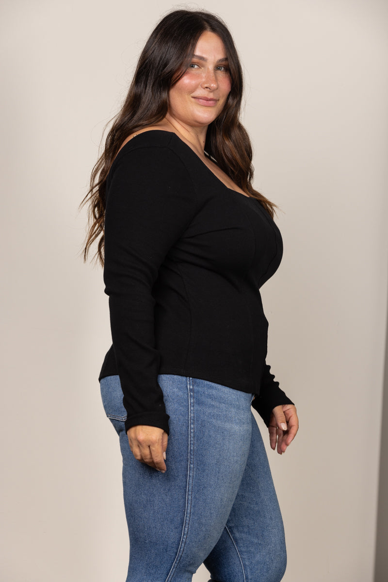 BLACK SQUARE NECK RIBBED KNIT LONG SLEEVES PLUS SIZE TOP PTJ11298