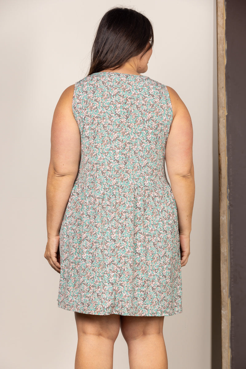 SAGE DITSY FLORAL SLEEVELESS PLUS SIZE MINI DRESS D5110