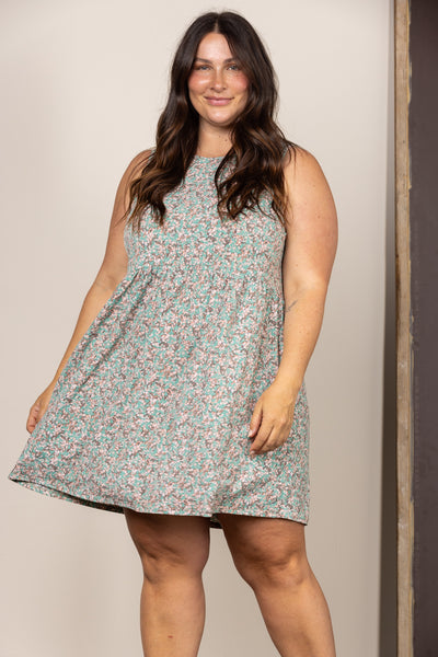 SAGE DITSY FLORAL SLEEVELESS PLUS SIZE MINI DRESS D5110