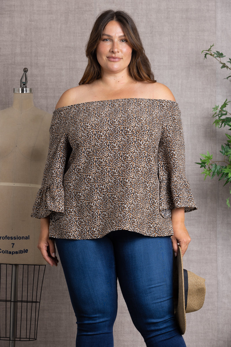 BROWN ANIMAL PRINT OFF THE SHOULDER FLARED SLEEVE PLUS SIZE TOP T806