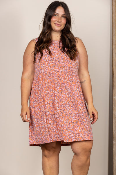 PEACH DITSY FLORAL SLEEVELESS PLUS SIZE MINI DRESS D5110