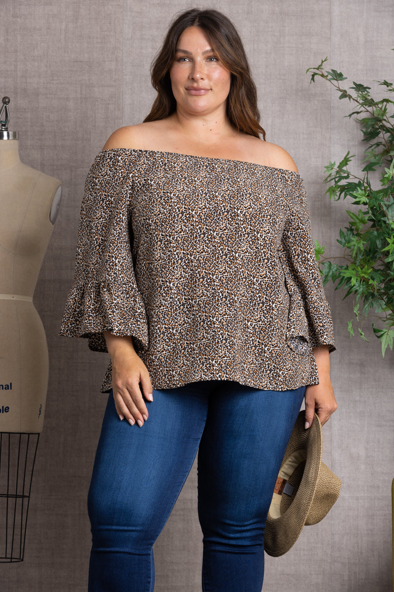 BROWN ANIMAL PRINT OFF THE SHOULDER FLARED SLEEVE PLUS SIZE TOP T806