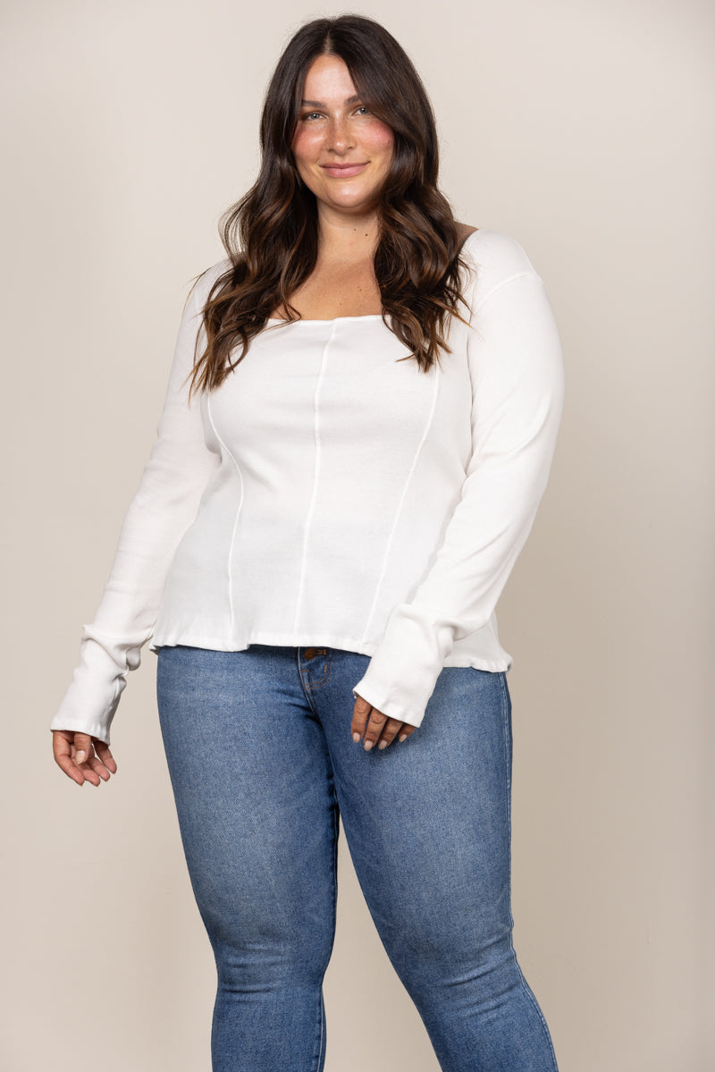 PTJ11298-Wholesale WHITE SQUARE NECK RIBBED KNIT LONG SLEEVES PLUS SIZE TOP