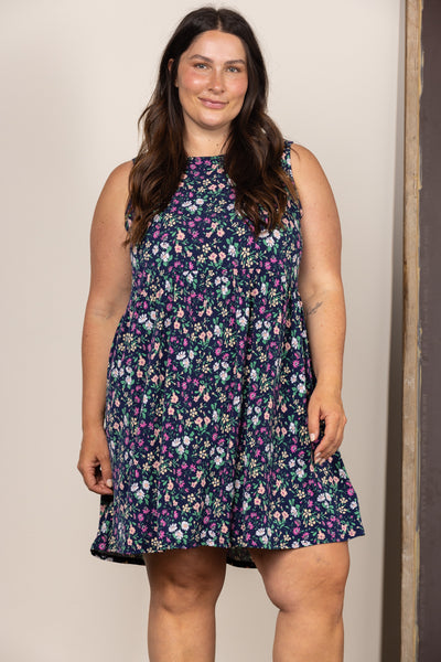 NAVY DITSY FLORAL SLEEVELESS PLUS SIZE MINI DRESS D5110x