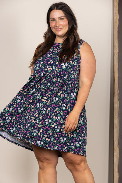 NAVY DITSY FLORAL SLEEVELESS PLUS SIZE MINI DRESS D5110x