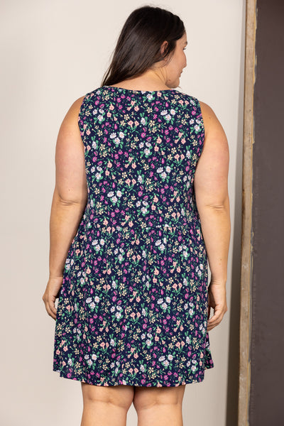 NAVY DITSY FLORAL SLEEVELESS PLUS SIZE MINI DRESS D5110x