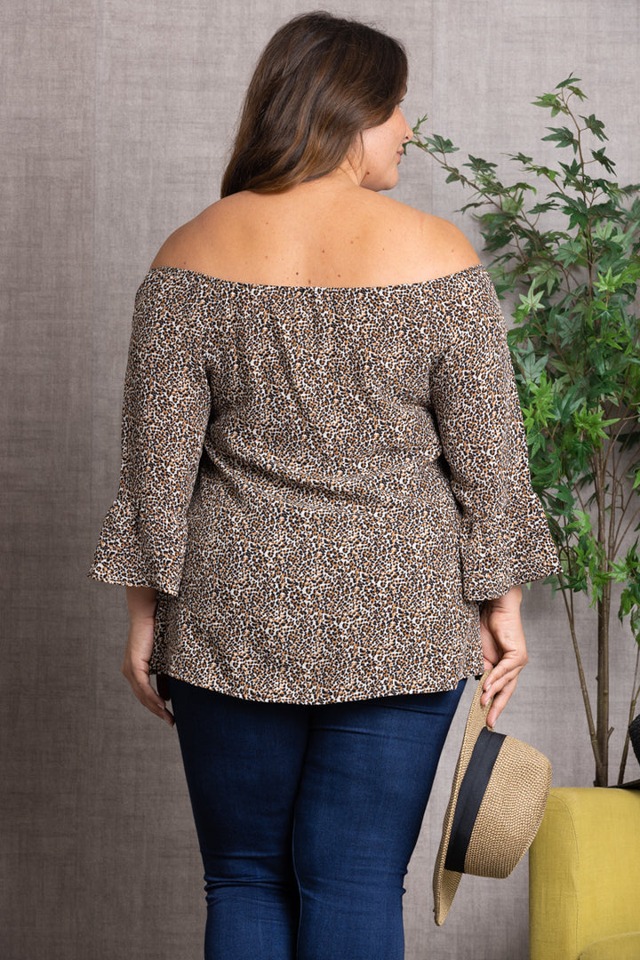 BROWN ANIMAL PRINT OFF THE SHOULDER FLARED SLEEVE PLUS SIZE TOP T806