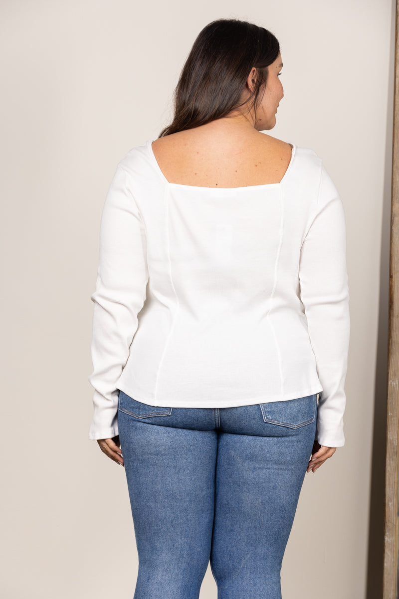 WHITE SQUARE NECK RIBBED KNIT LONG SLEEVES PLUS SIZE TOP PTJ11298