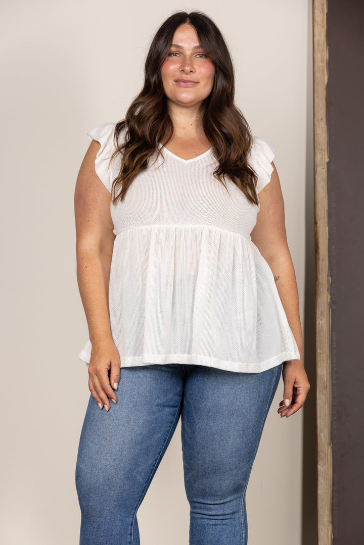 WHITE BABYDOLL SHORT SLEEVES KNIT PLUS SIZE TOP PDY2891