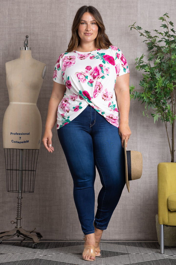 FLORAL PRINT TWISTED HEM PLUS SIZE TOP-ST1219