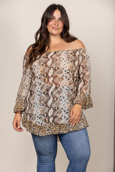 BROWN SNAKESKIN OFF SHOULDER PLUS SIZE TOP T4064P