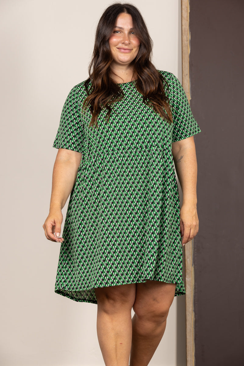 GREEN CHEVRON PRINT SHORT SLEEVES PLUS SIZE MINI DRESS D5105X