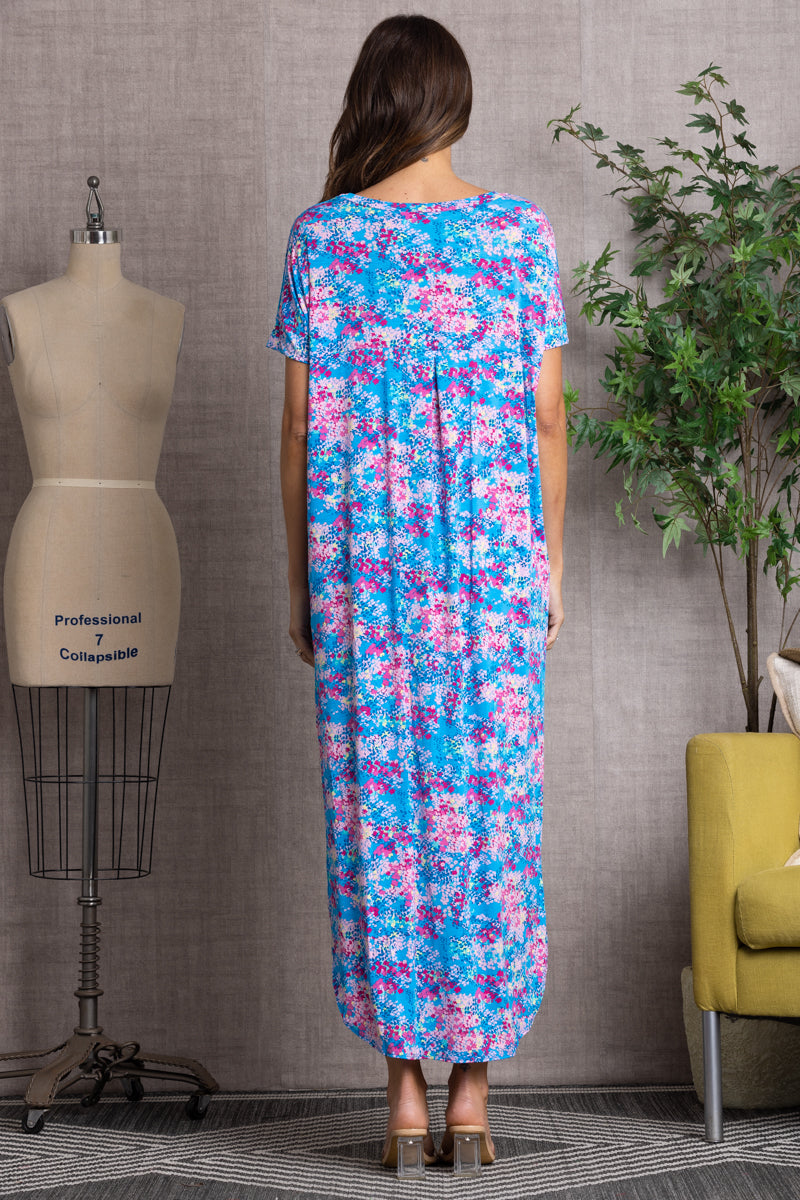 FLORAL SHORT SLEEVES SIDE SLIT MAXI DRESS-VL5118