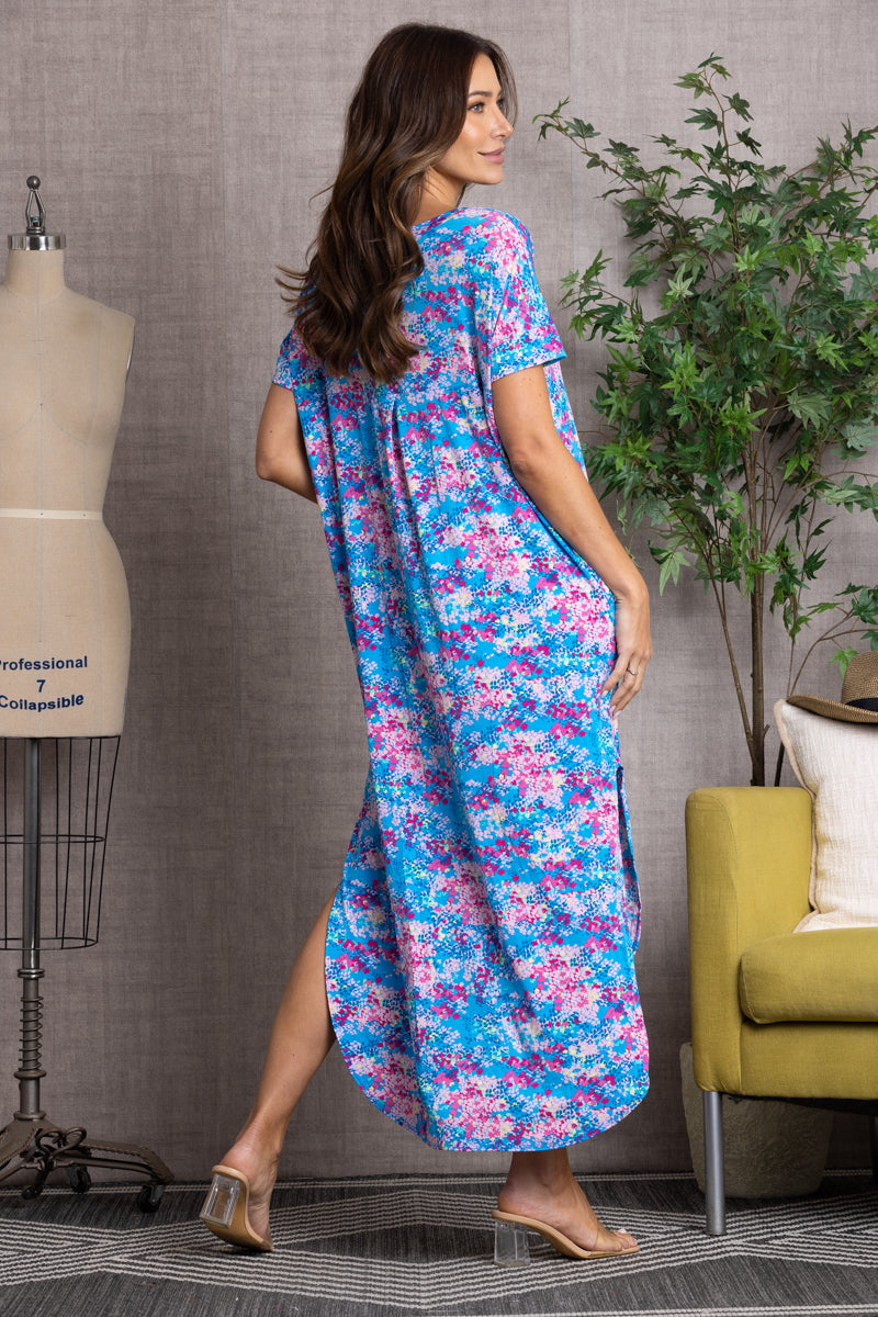 FLORAL SHORT SLEEVES SIDE SLIT MAXI DRESS-VL5118