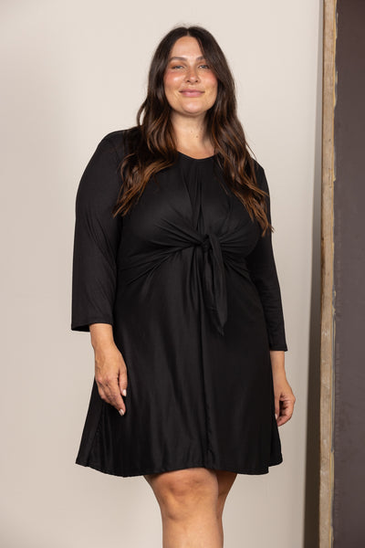 BLACK SELF-TIE FRONT LONG SLEEVES PLUS SIZE MINI DRESS D1060