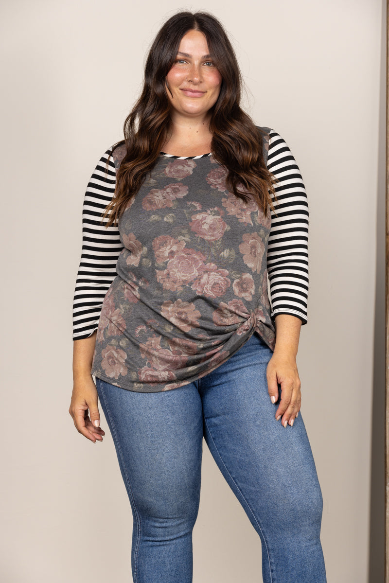 BLACK FLORAL STRIPE TWISTED HEM PLUS SIZE TOP T2324