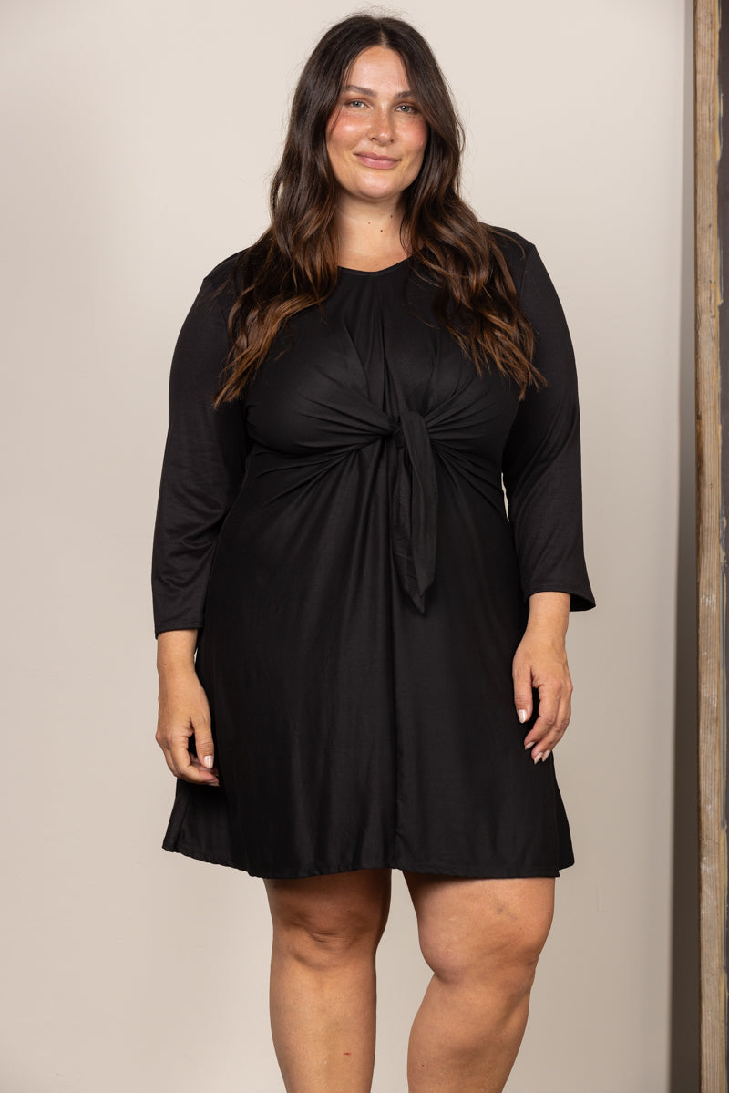 BLACK SELF-TIE FRONT LONG SLEEVES PLUS SIZE MINI DRESS D1060