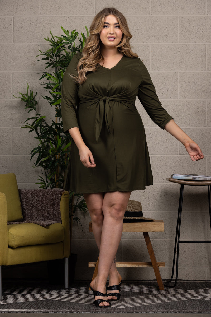 MOSS GREEN TIE FRONT BODYCON PLUS SIZE MINI DRESS D1060