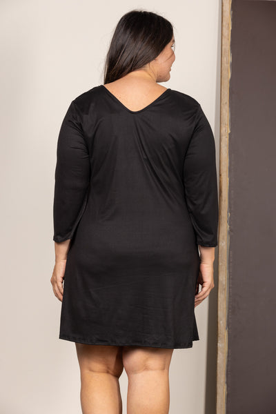 BLACK SELF-TIE FRONT LONG SLEEVES PLUS SIZE MINI DRESS D1060