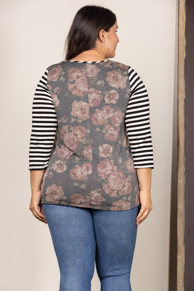 BLACK FLORAL STRIPE TWISTED HEM PLUS SIZE TOP T2324