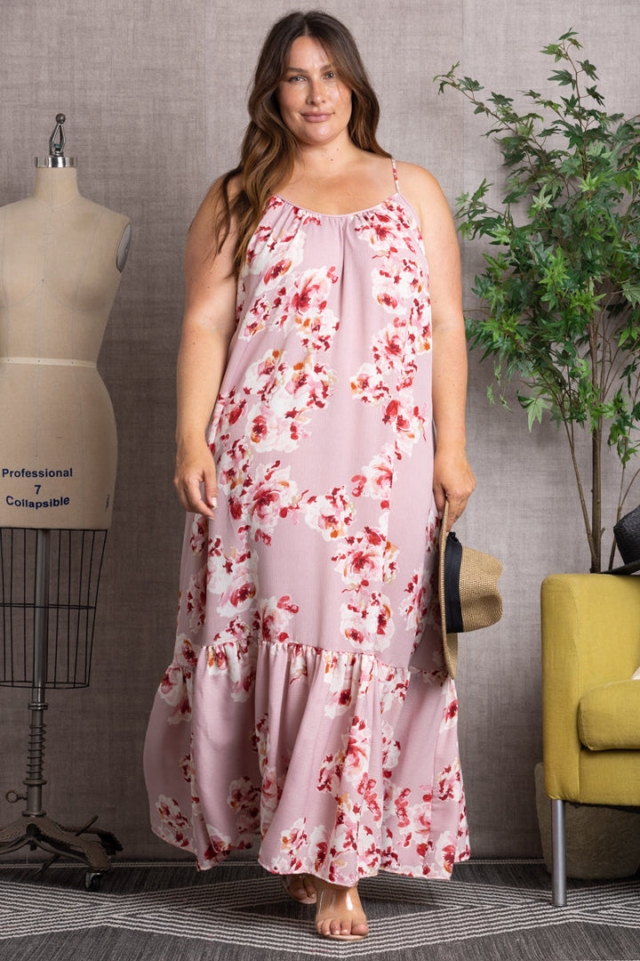 ORCHID FLORAL CRISS-CROSS BACK RUFFLED HEM PLUS SIZE MAXI DRESS 101DX