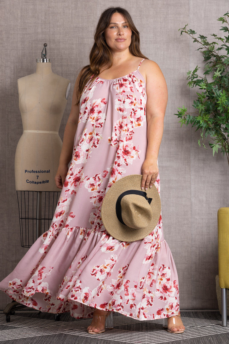 ORCHID FLORAL CRISS-CROSS BACK RUFFLED HEM PLUS SIZE MAXI DRESS 101DX