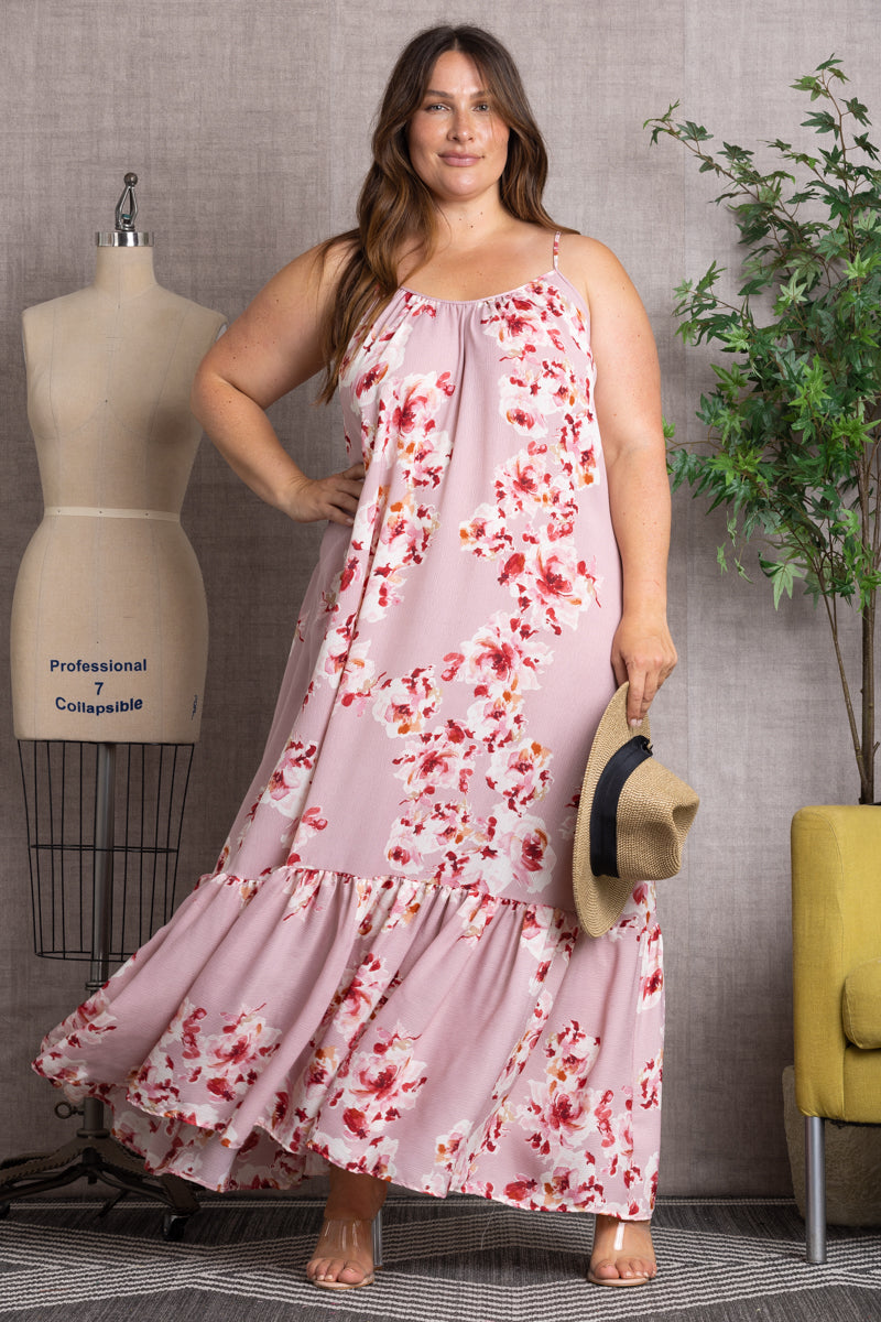 ORCHID FLORAL CRISS-CROSS BACK RUFFLED HEM PLUS SIZE MAXI DRESS 101DX