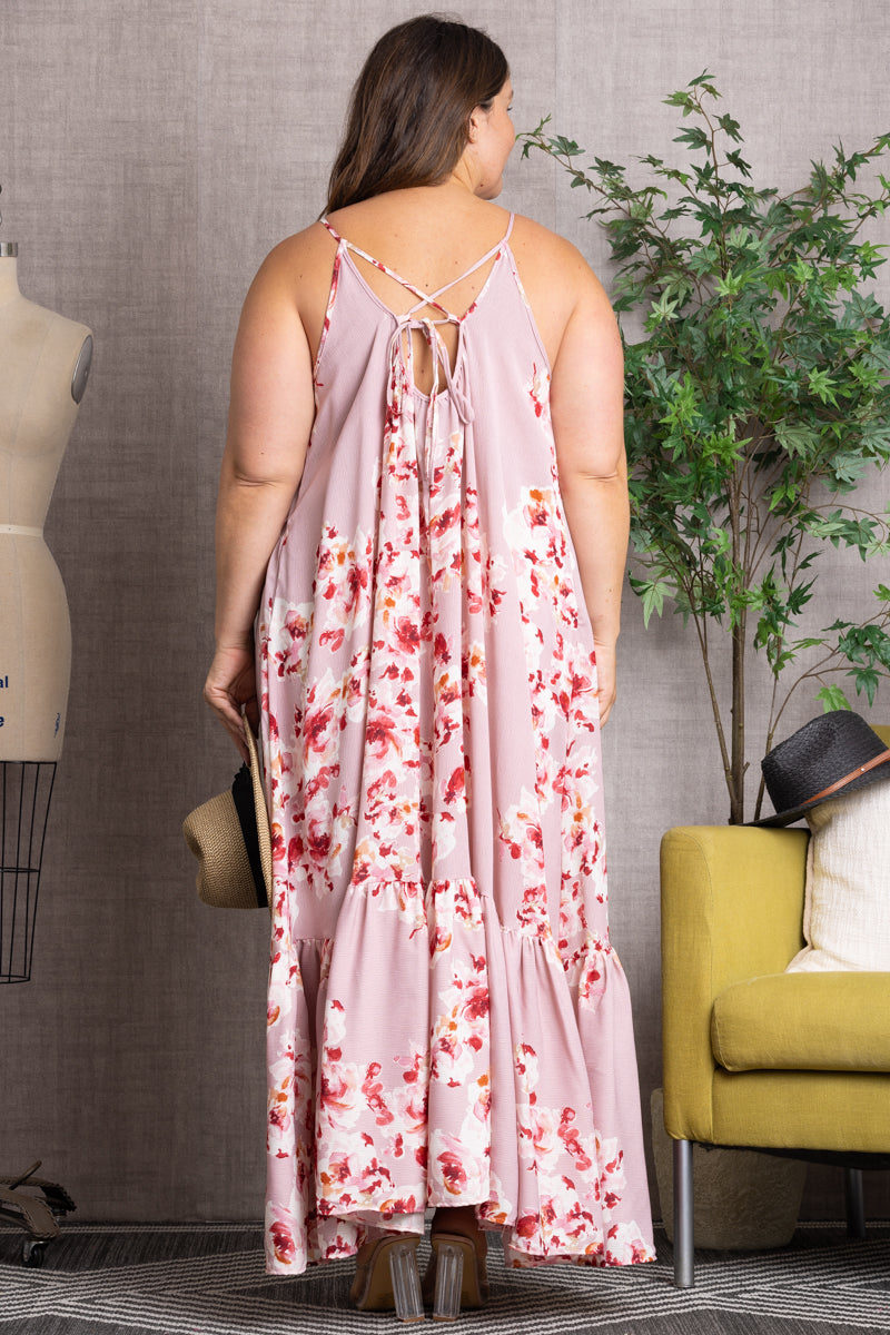 ORCHID FLORAL CRISS-CROSS BACK RUFFLED HEM PLUS SIZE MAXI DRESS 101DX