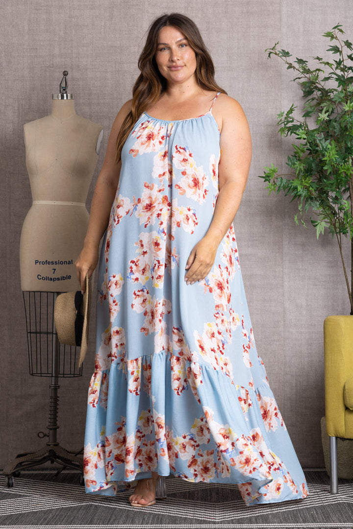 ORCHID FLORAL CRISS-CROSS BACK RUFFLED HEM PLUS SIZE MAXI DRESS 101DX