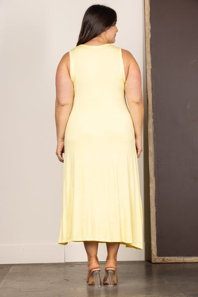 YELLOW SLEEVELESS RAW DETAILED PLUS SIZE MAXI DRESS D7428