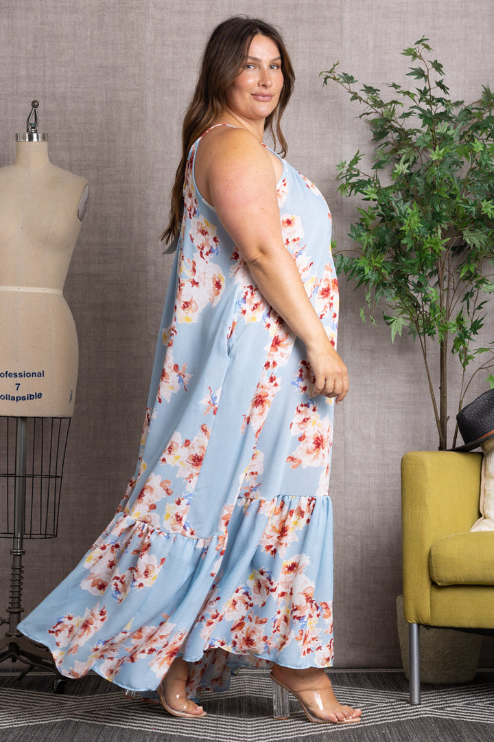 ORCHID FLORAL CRISS-CROSS BACK RUFFLED HEM PLUS SIZE MAXI DRESS 101DX