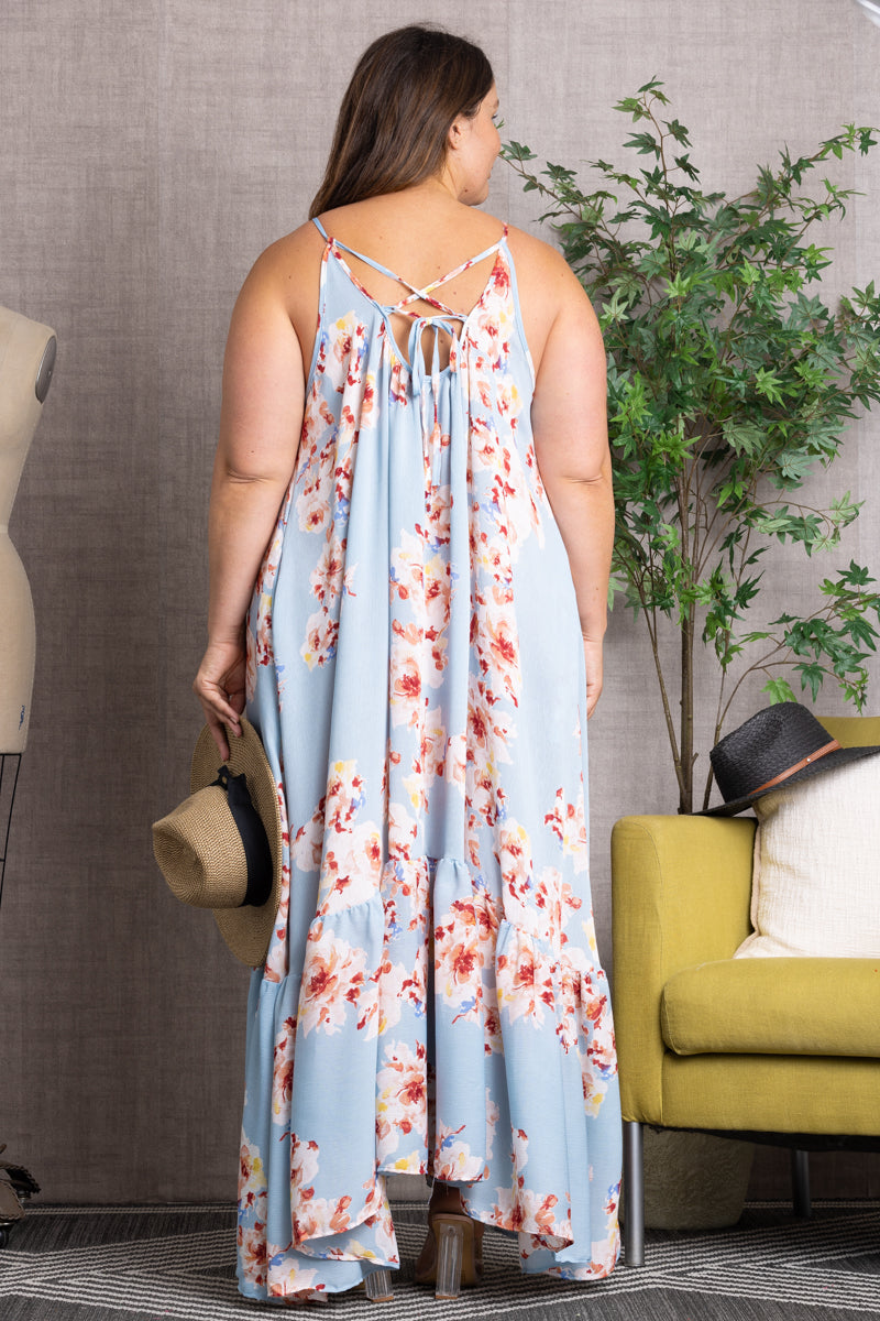 ORCHID FLORAL CRISS-CROSS BACK RUFFLED HEM PLUS SIZE MAXI DRESS 101DX