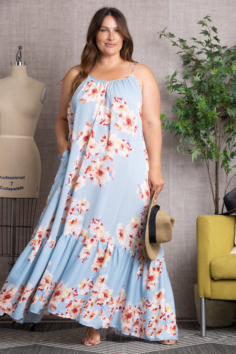 ORCHID FLORAL CRISS-CROSS BACK RUFFLED HEM PLUS SIZE MAXI DRESS 101DX