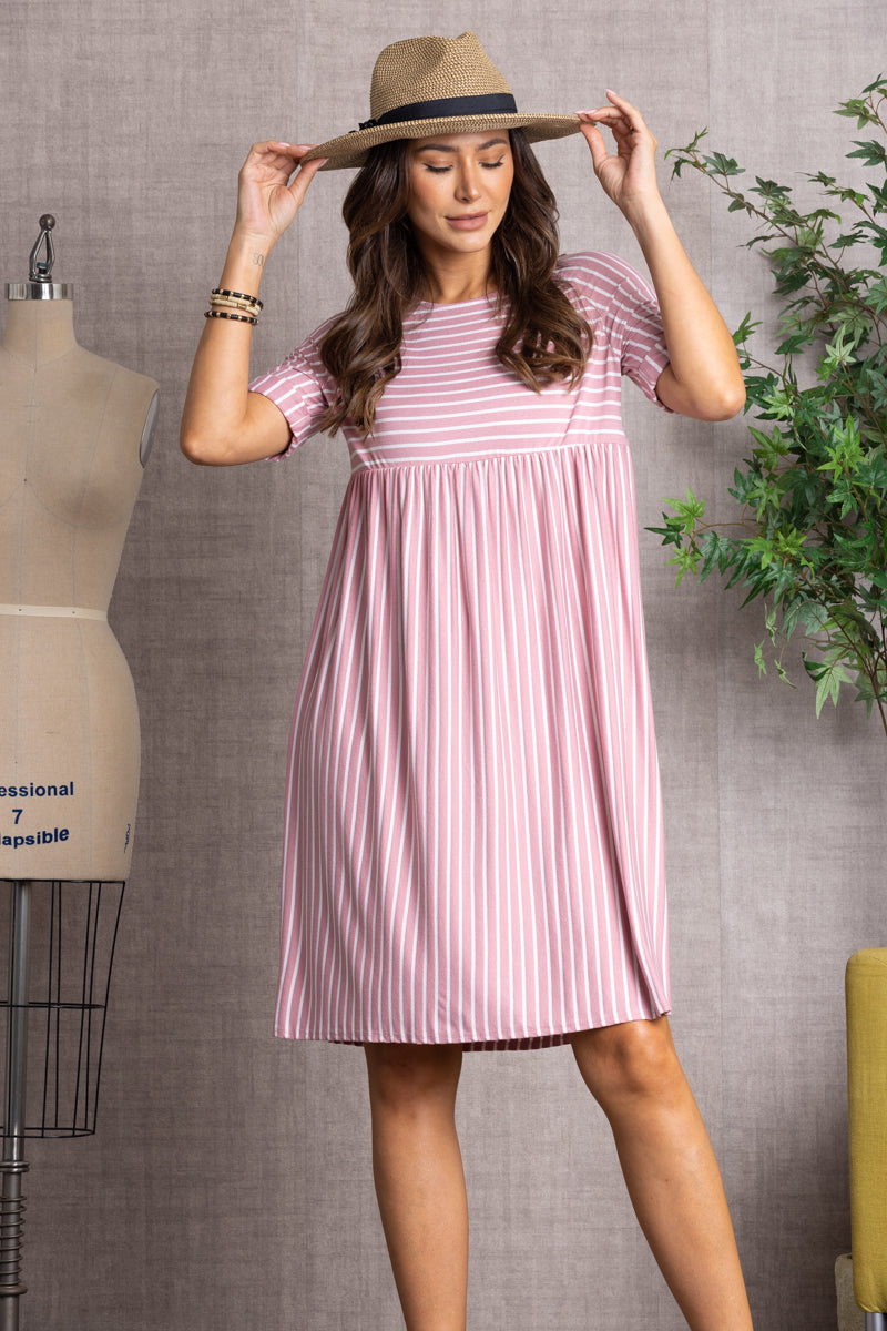 MAUVE STRIPES DETAILED BACK BUTTONS MIDI DRESS-LD3703