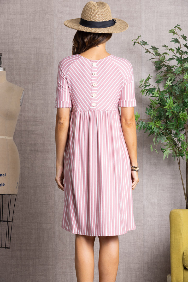 MAUVE STRIPES DETAILED BACK BUTTONS MIDI DRESS-LD3703