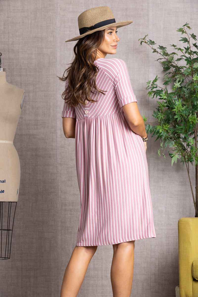 MAUVE STRIPES DETAILED BACK BUTTONS MIDI DRESS-LD3703