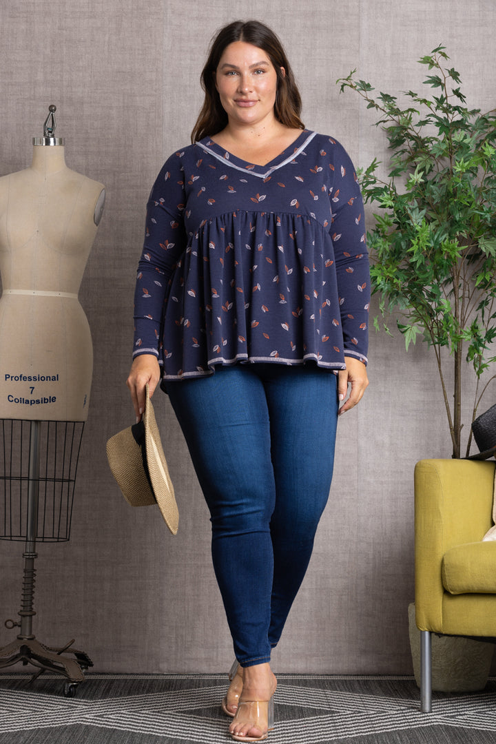 NAVY FALL LEAVES PRINT BABY-DOLL STYLE PLUS SIZE TOP-PTJ10117PB