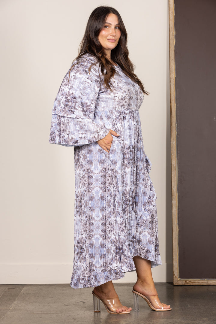 GREY PLEATED RUFFLED LONG SLEEVES PLUS SIZE MAXI DRESS VL5823A