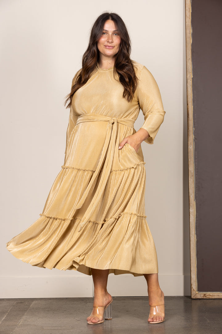 VL5846-Wholesale GOLD PLEATED SELF-TIE FRONT PLUS SIZE MAXI DRESS