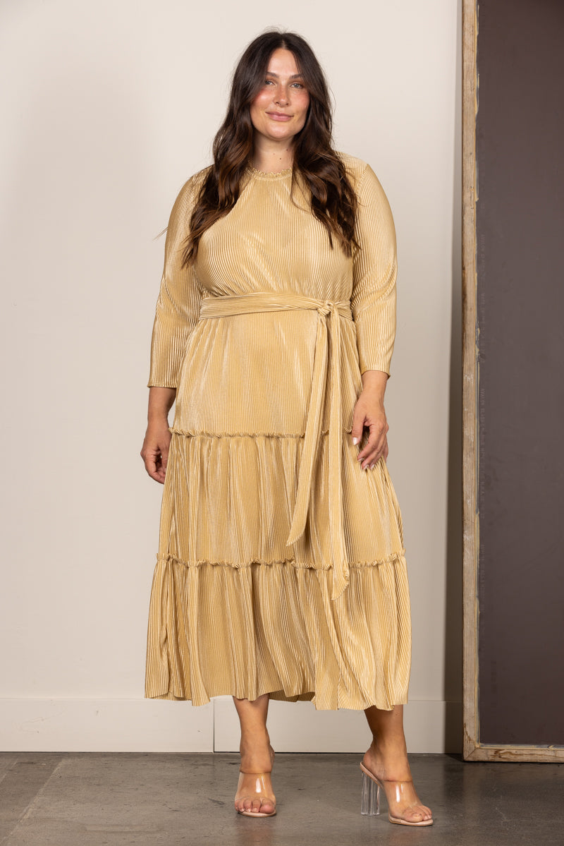 GOLD PLEATED SELF-TIE FRONT PLUS SIZE MAXI DRESS VL5846