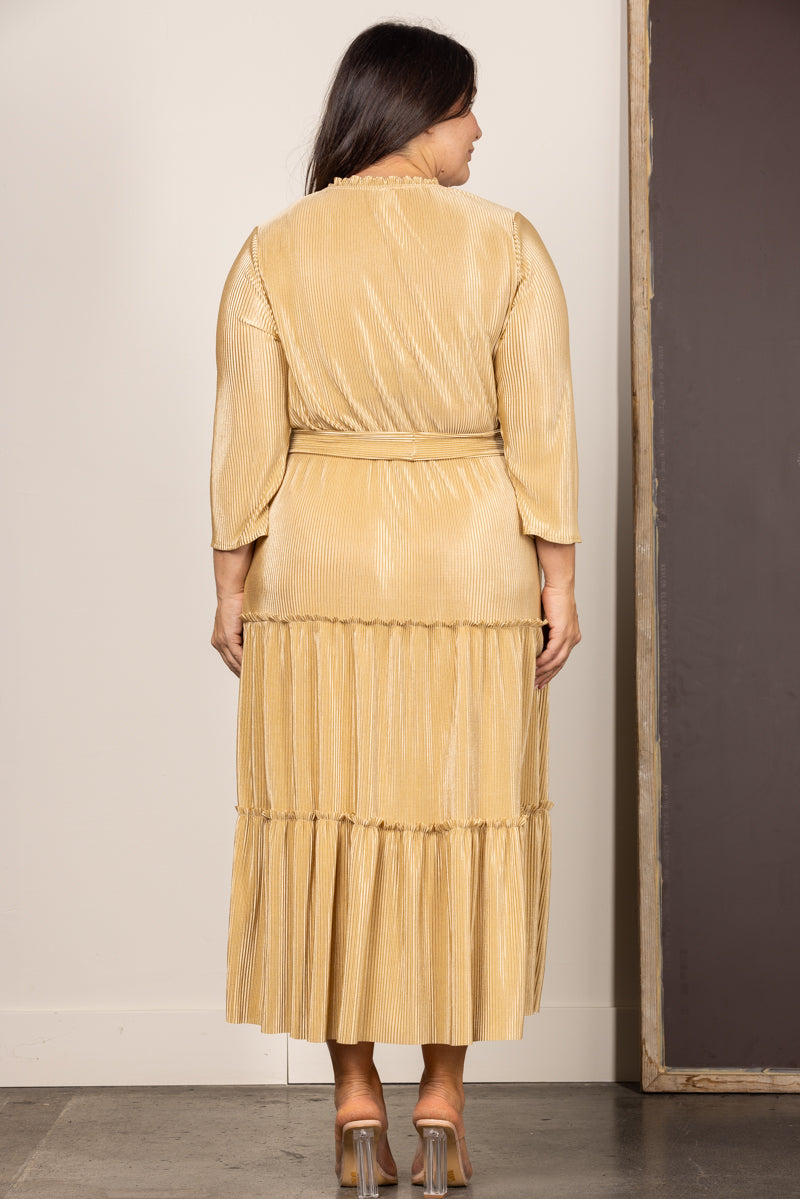 GOLD PLEATED SELF-TIE FRONT PLUS SIZE MAXI DRESS VL5846