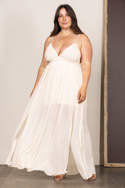 IVORY CHIFFON OPEN BACK PLUS SIZE MAXI DRESS D3993