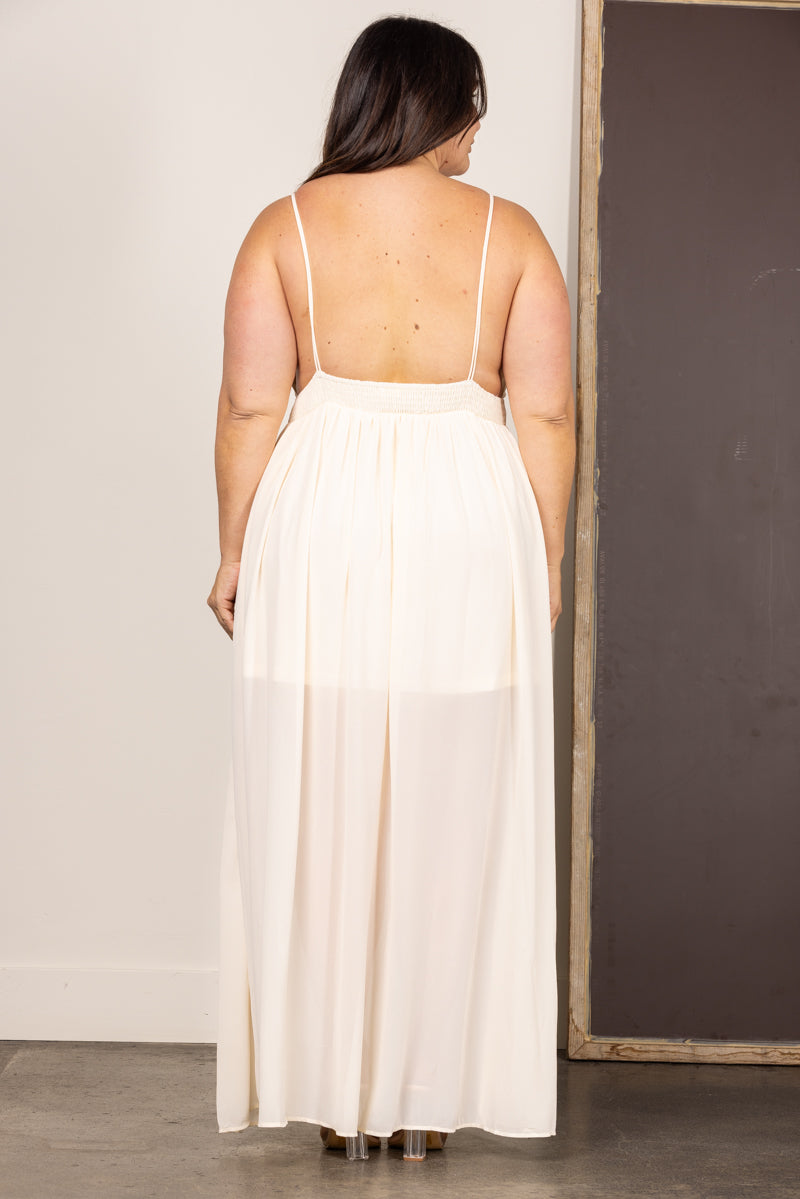 IVORY CHIFFON OPEN BACK PLUS SIZE MAXI DRESS D3993